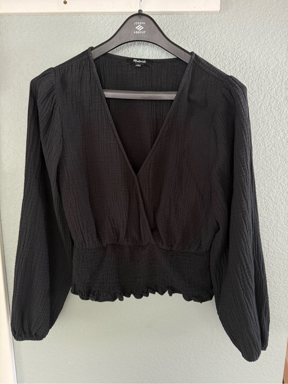 Madewell Black Gauze Wrap Smocked Waist Blouse Size L